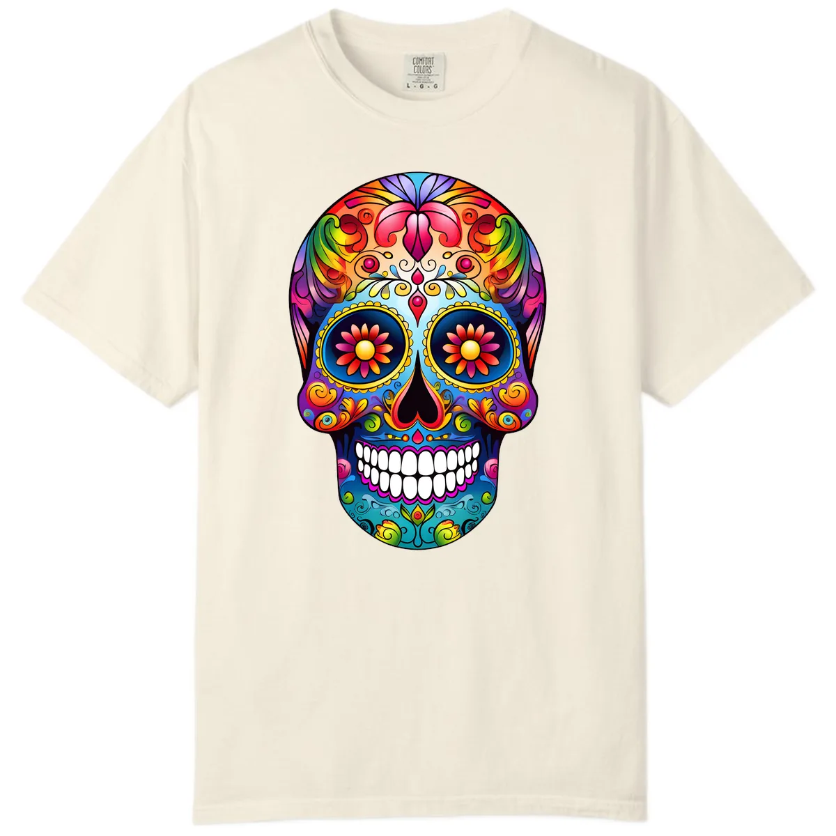 Vibrant Floral Calavera Sugar Skull Art Comfort Color in Ivory