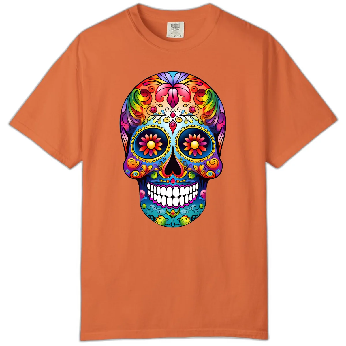 Vibrant Floral Calavera Sugar Skull Art Comfort Color in Burnt Orange