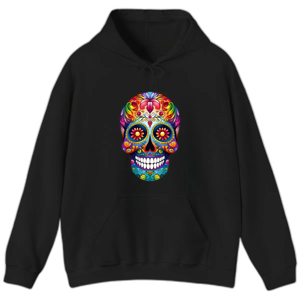 Vibrant Floral Calavera Sugar Skull Art Hoodie in Black