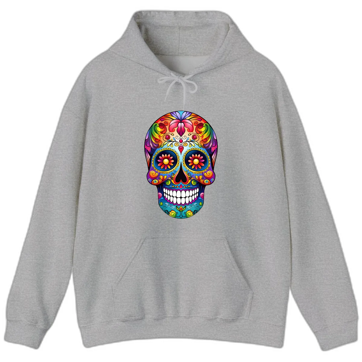 Vibrant Floral Calavera Sugar Skull Art Hoodie in Sport Grey