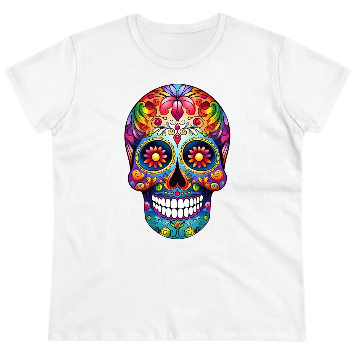 Vibrant Floral Calavera Sugar Skull Art Ladies Tee in White