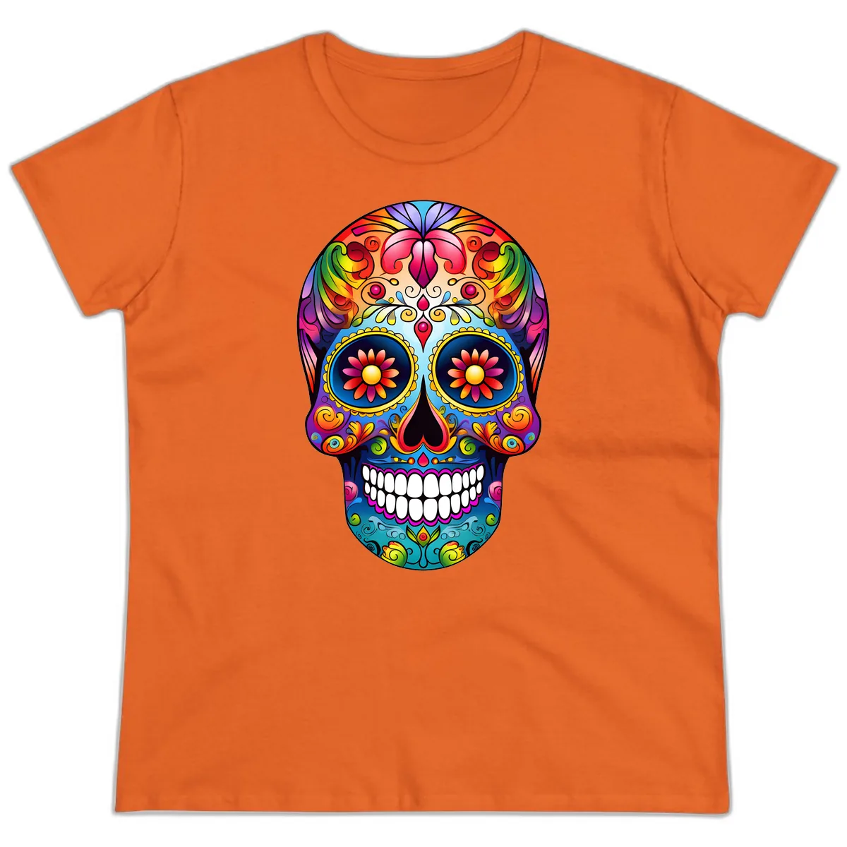Vibrant Floral Calavera Sugar Skull Art Ladies Tee in Orange