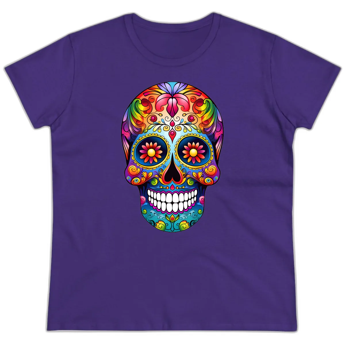 Vibrant Floral Calavera Sugar Skull Art Ladies Tee in Purple