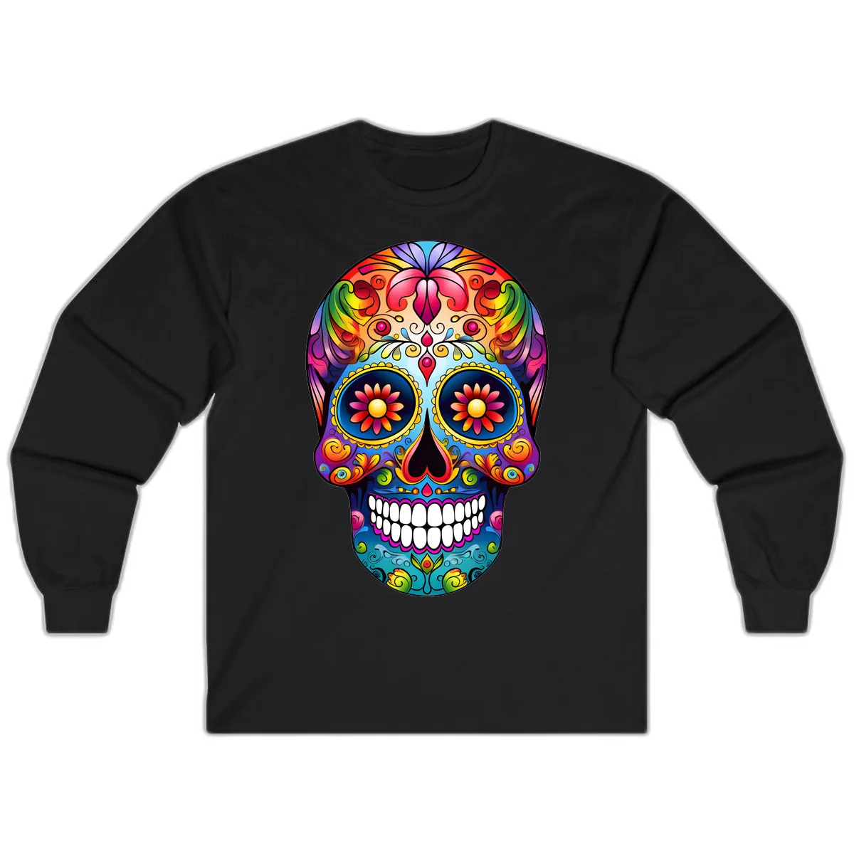 Vibrant Floral Calavera Sugar Skull Art Long Sleeve in Black