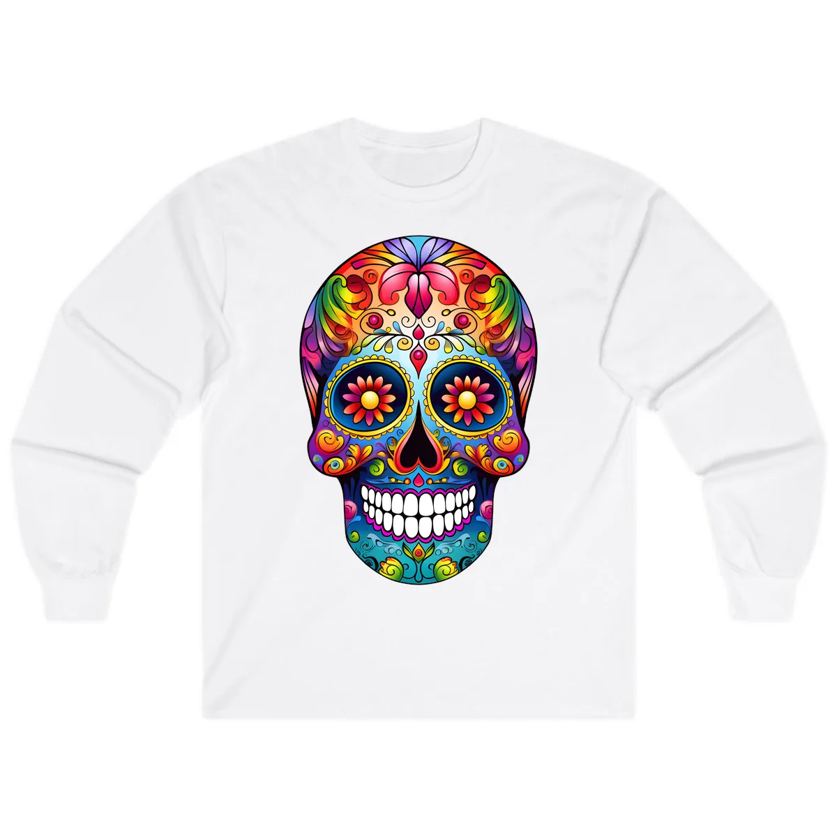 Vibrant Floral Calavera Sugar Skull Art Long Sleeve in White