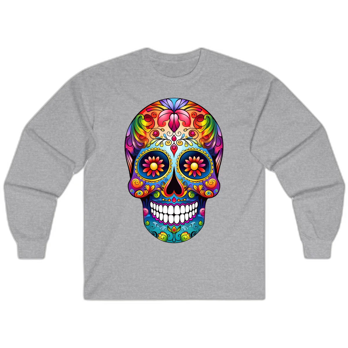 Vibrant Floral Calavera Sugar Skull Art Long Sleeve in Sport Grey