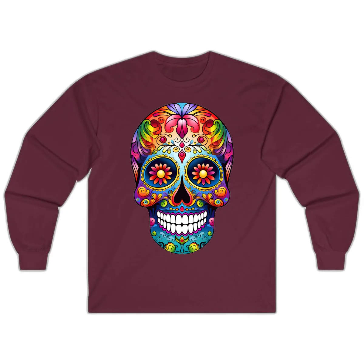 Vibrant Floral Calavera Sugar Skull Art Long Sleeve in Maroon