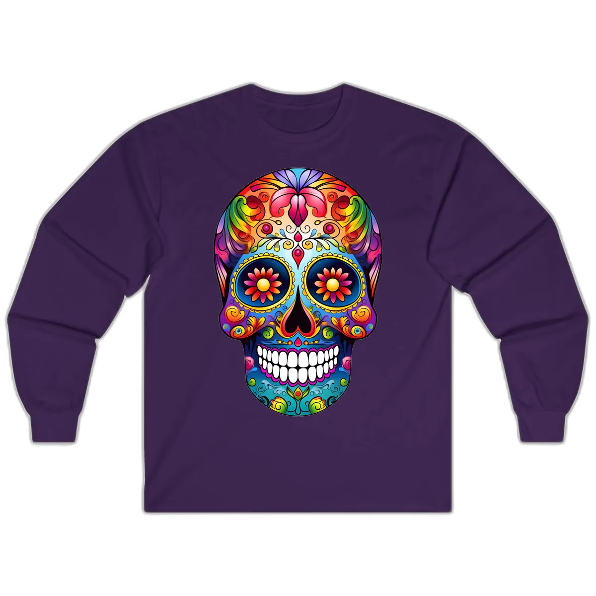 Vibrant Floral Calavera Sugar Skull Art Long Sleeve in Purple