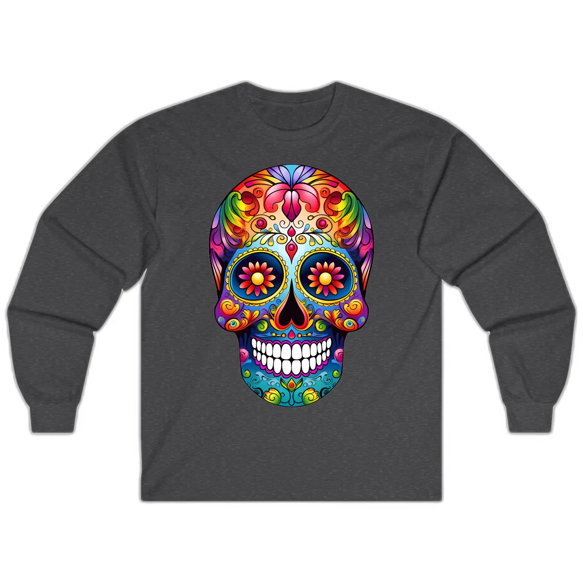 Vibrant Floral Calavera Sugar Skull Art Long Sleeve in Dark Heather