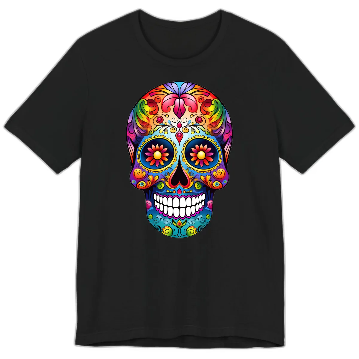 Vibrant Floral Calavera Sugar Skull Art Premium T-Shirt in Black