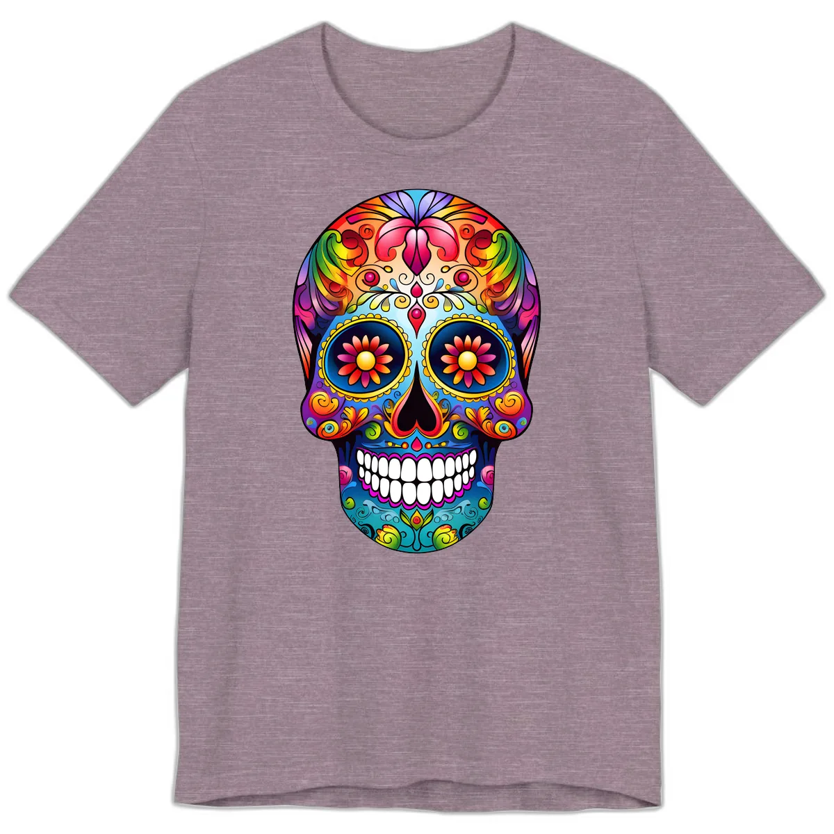 Vibrant Floral Calavera Sugar Skull Art Premium T-Shirt in Heather Purple
