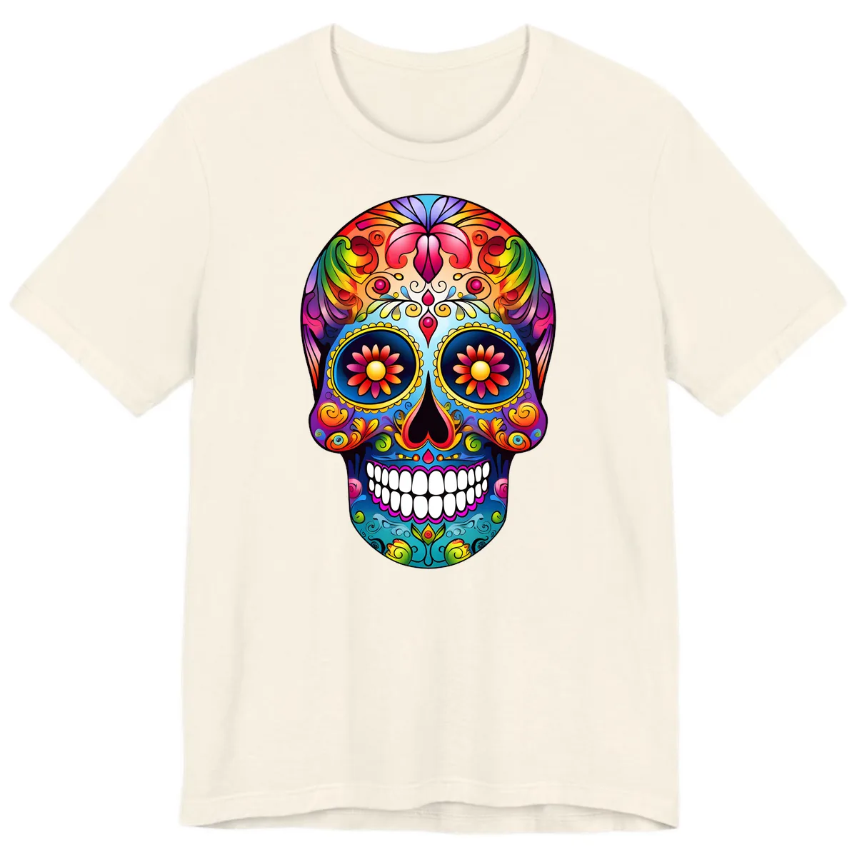 Vibrant Floral Calavera Sugar Skull Art Premium T-Shirt in Natural