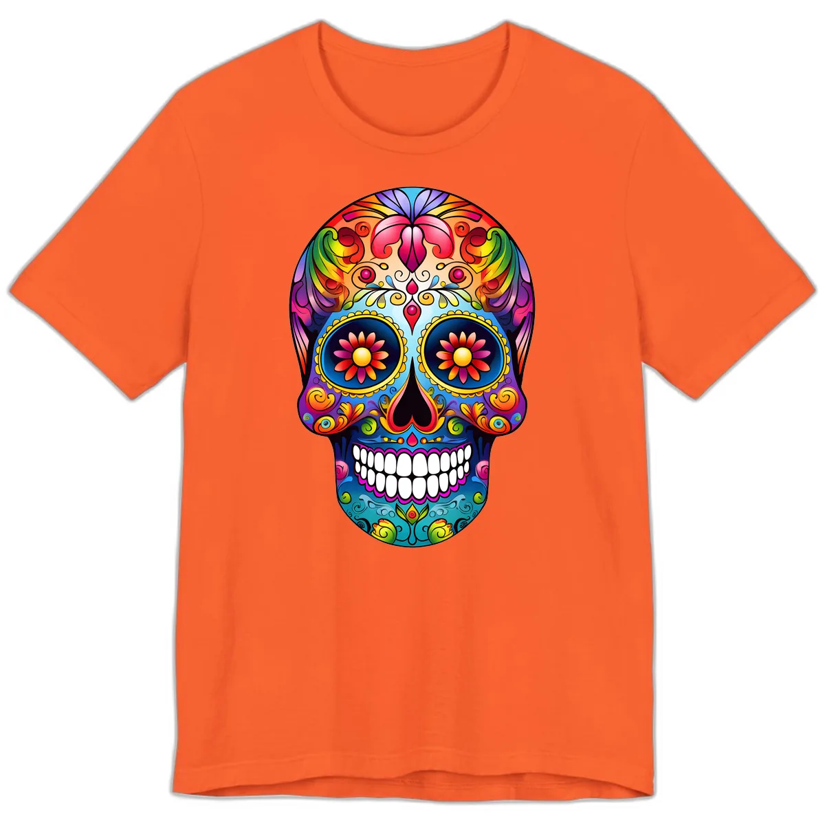 Vibrant Floral Calavera Sugar Skull Art Premium T-Shirt in Orange