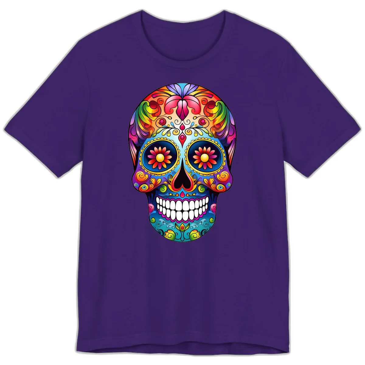 Vibrant Floral Calavera Sugar Skull Art Premium T-Shirt in Team Purple