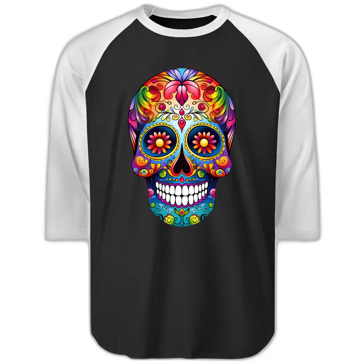 Vibrant Floral Calavera Sugar Skull Art Raglan 3/4 in Black White