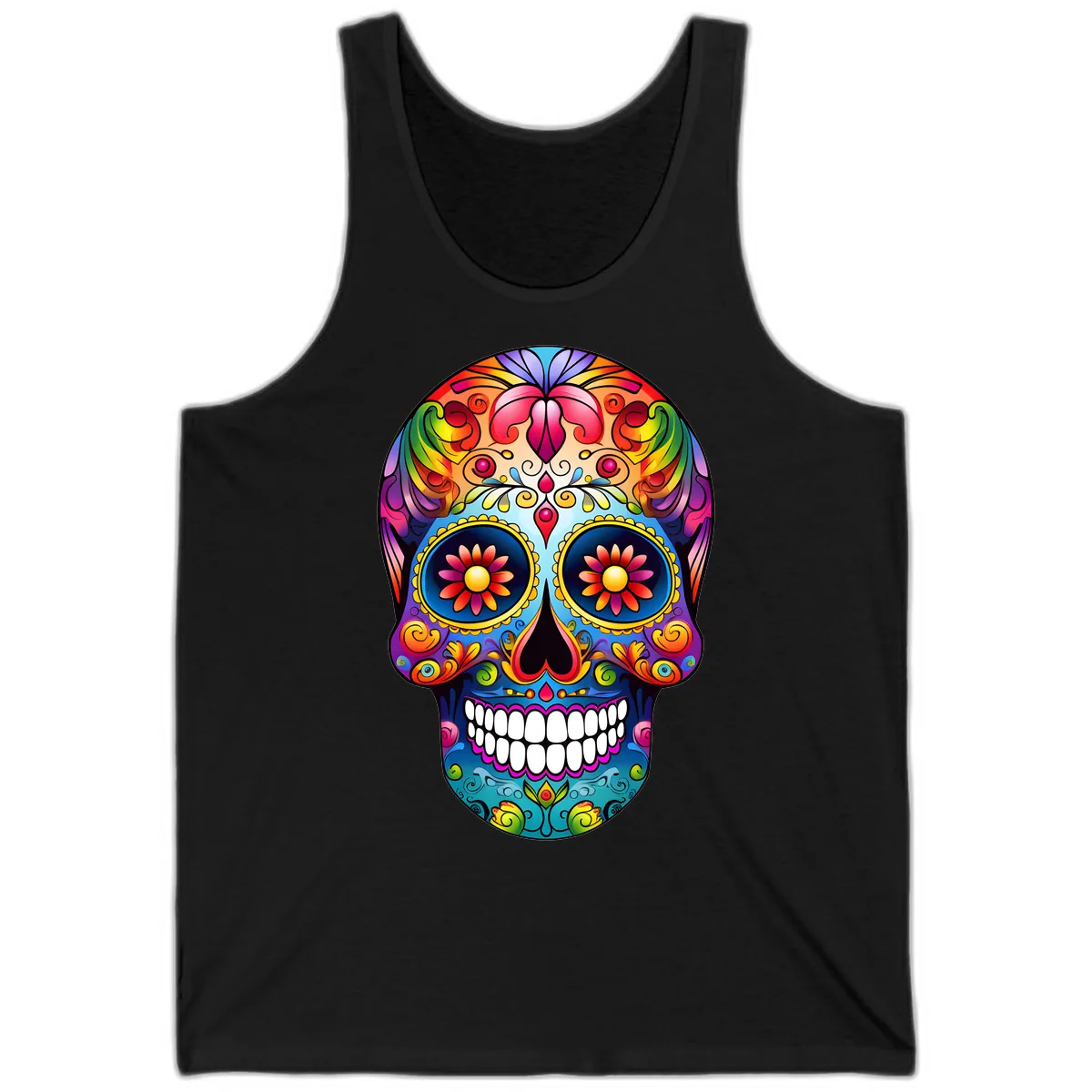 Vibrant Floral Calavera Sugar Skull Art Tank in Black