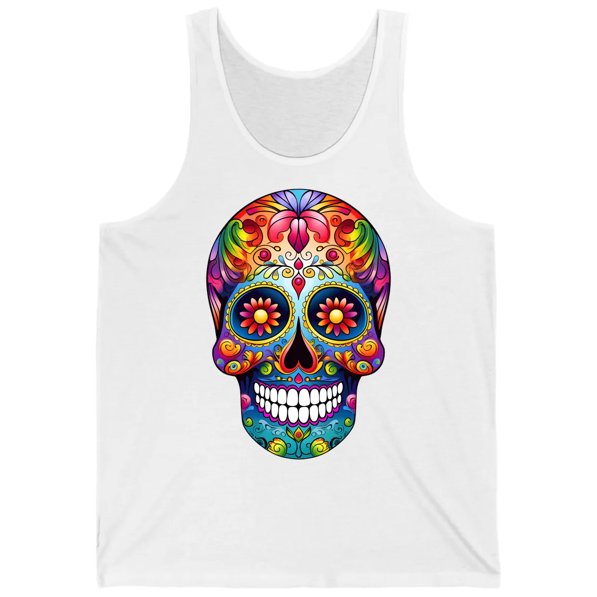 Vibrant Floral Calavera Sugar Skull Art Tank in White
