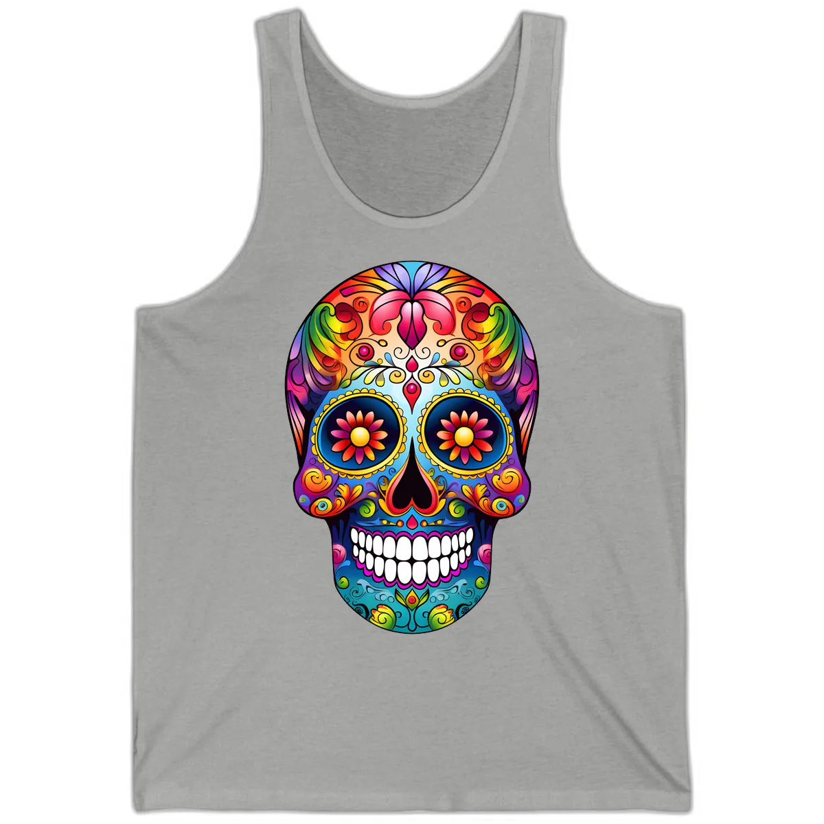 Vibrant Floral Calavera Sugar Skull Art Tank in Athletic Heather