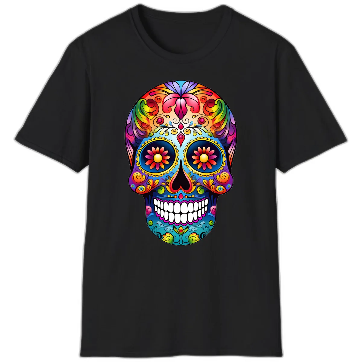 Vibrant Floral Calavera Sugar Skull Art T-Shirt in Black