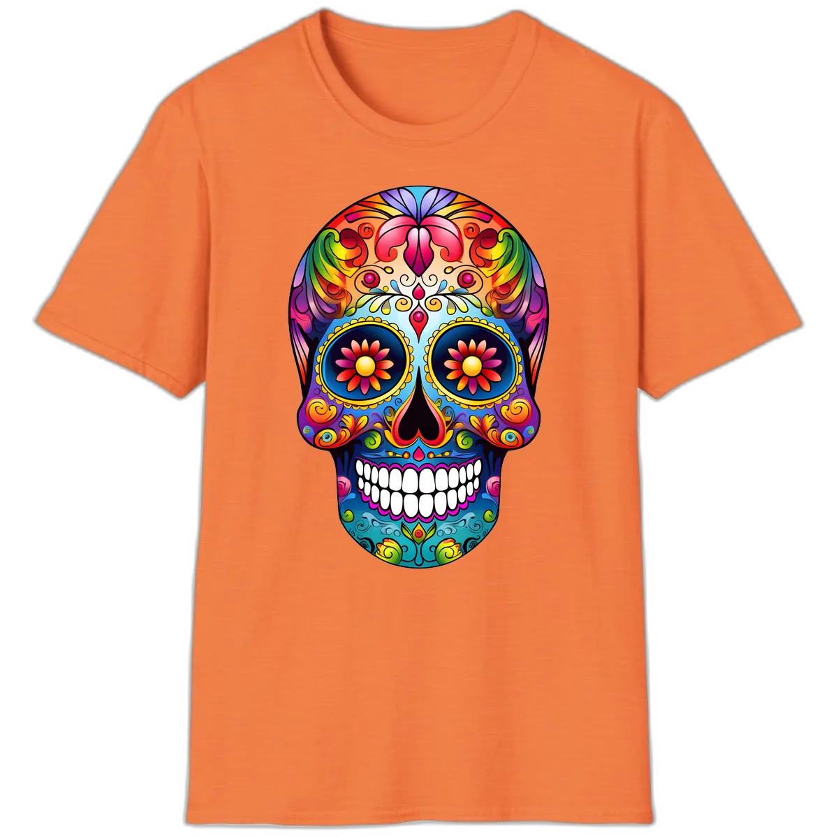 Vibrant Floral Calavera Sugar Skull Art T-Shirt in Heather Orange