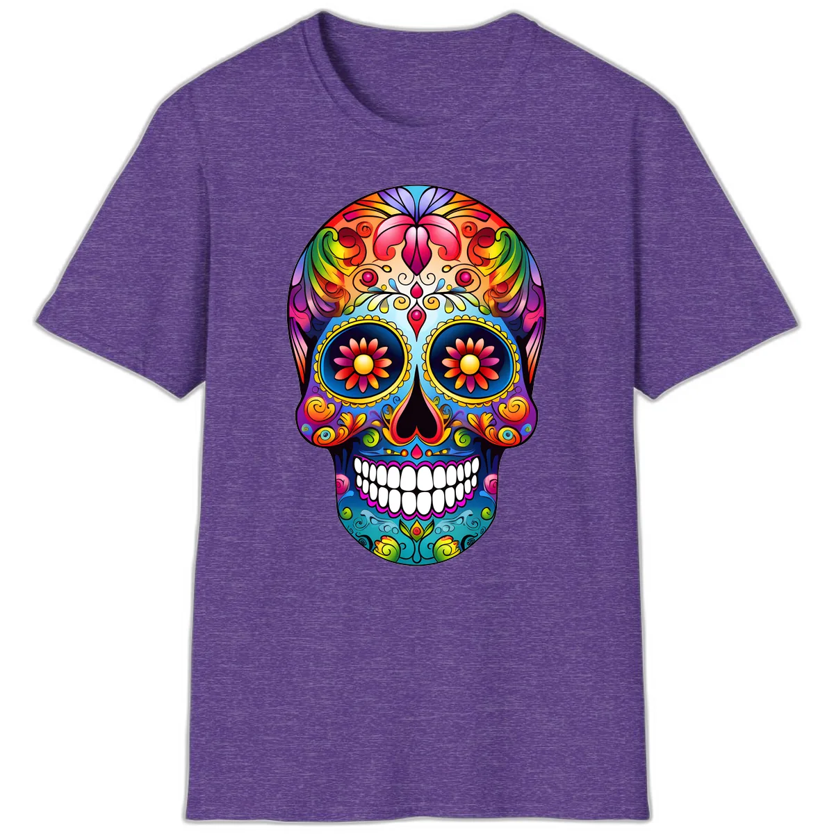 Vibrant Floral Calavera Sugar Skull Art T-Shirt in Heather Purple