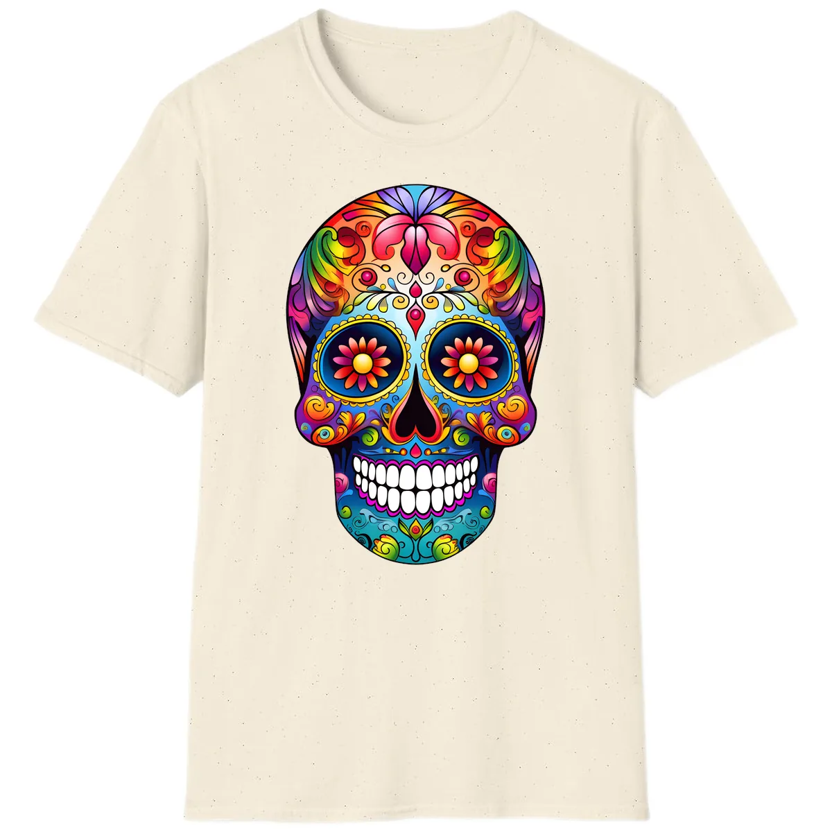 Vibrant Floral Calavera Sugar Skull Art T-Shirt in Natural
