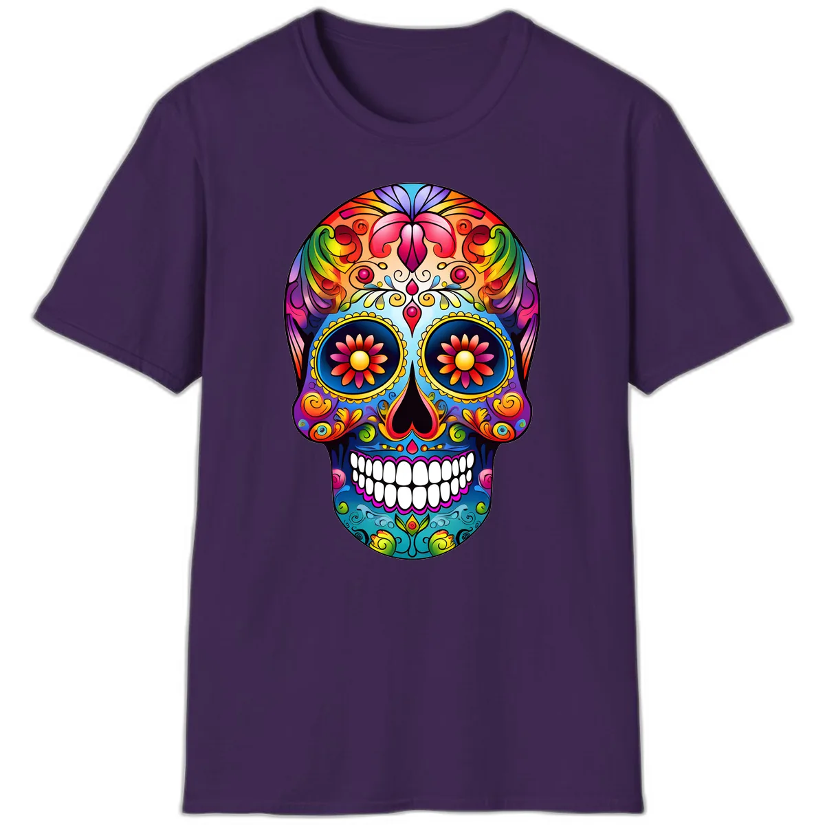 Vibrant Floral Calavera Sugar Skull Art T-Shirt in Purple