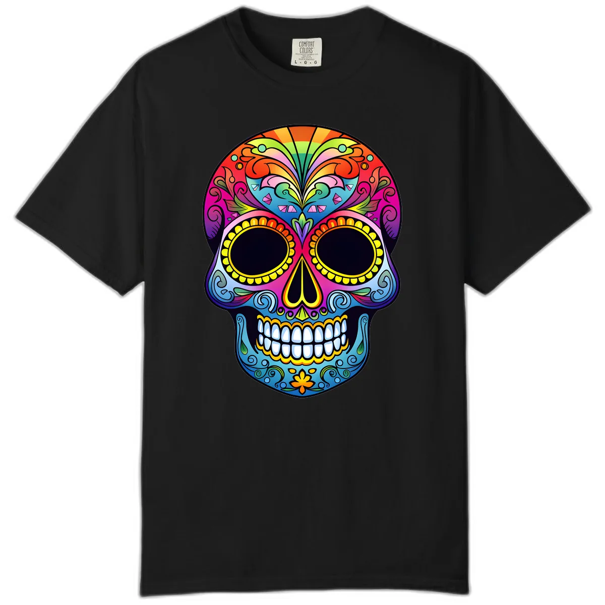 Vibrant Floral Rainbow Calavera Skull Art Comfort Color in Black