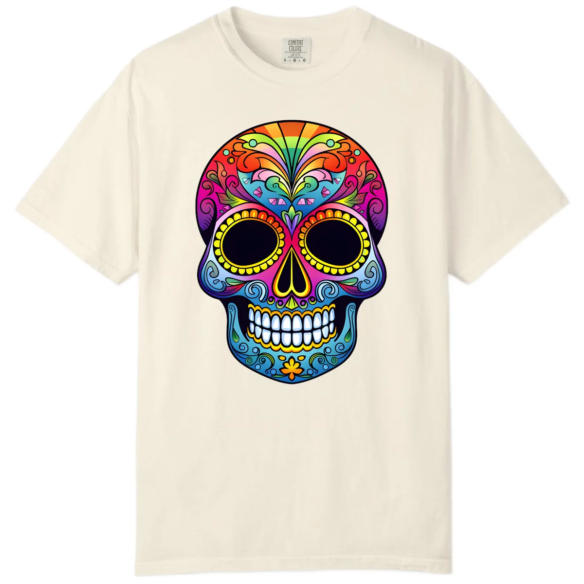 Vibrant Floral Rainbow Calavera Skull Art Comfort Color in Ivory