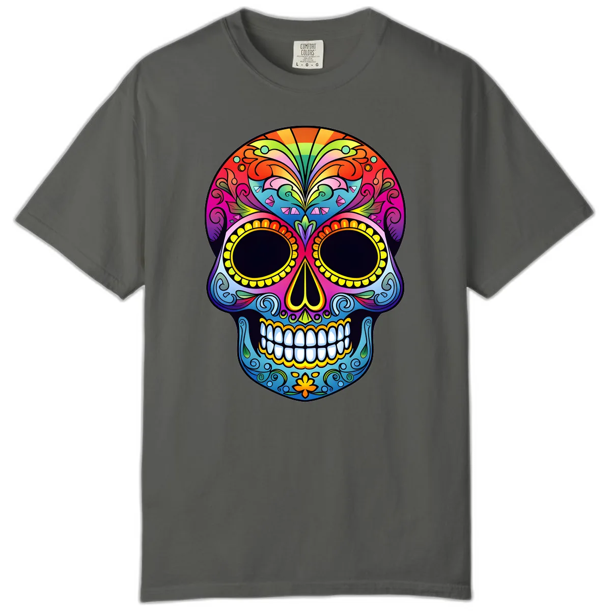 Vibrant Floral Rainbow Calavera Skull Art Comfort Color in Pepper