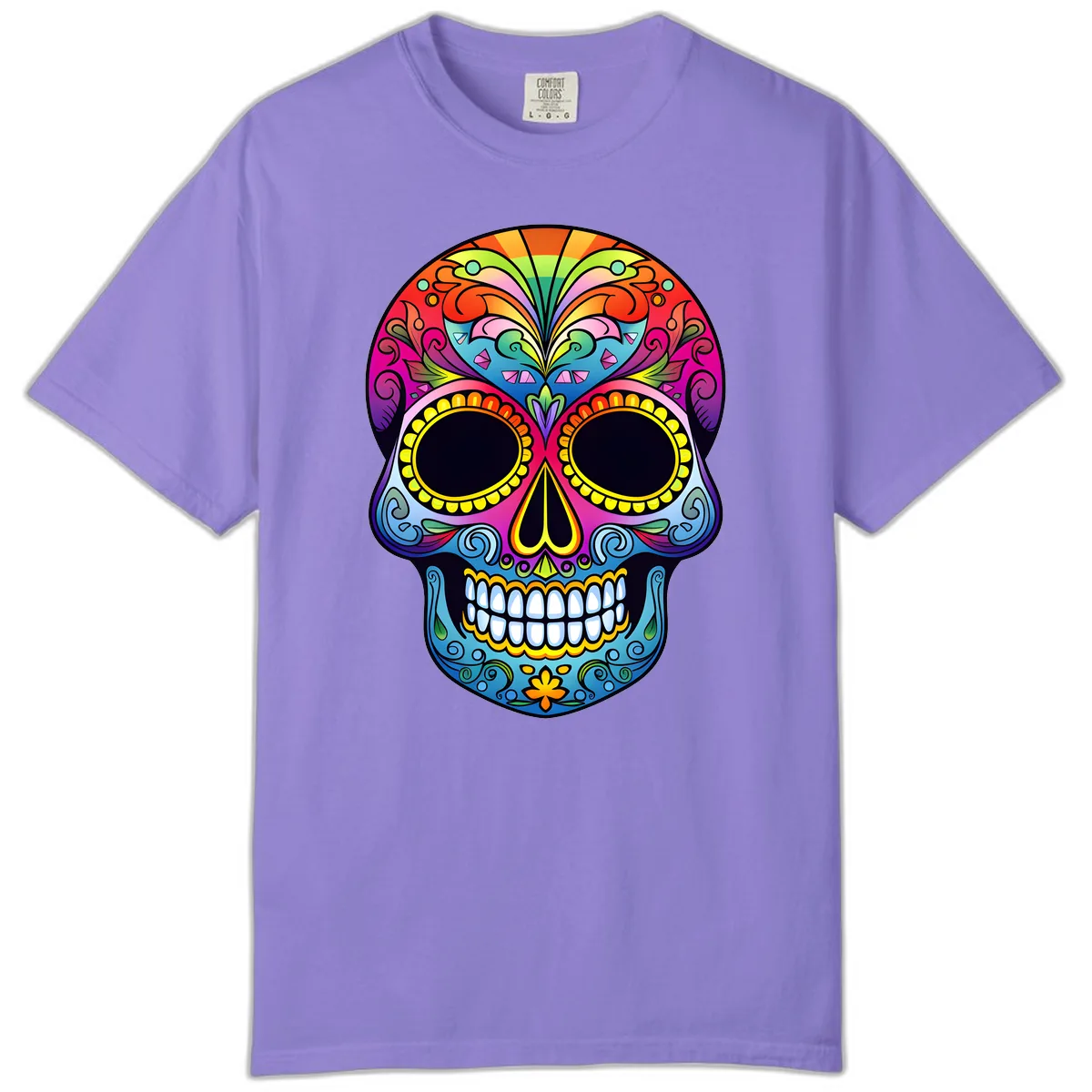 Vibrant Floral Rainbow Calavera Skull Art Comfort Color in Violet