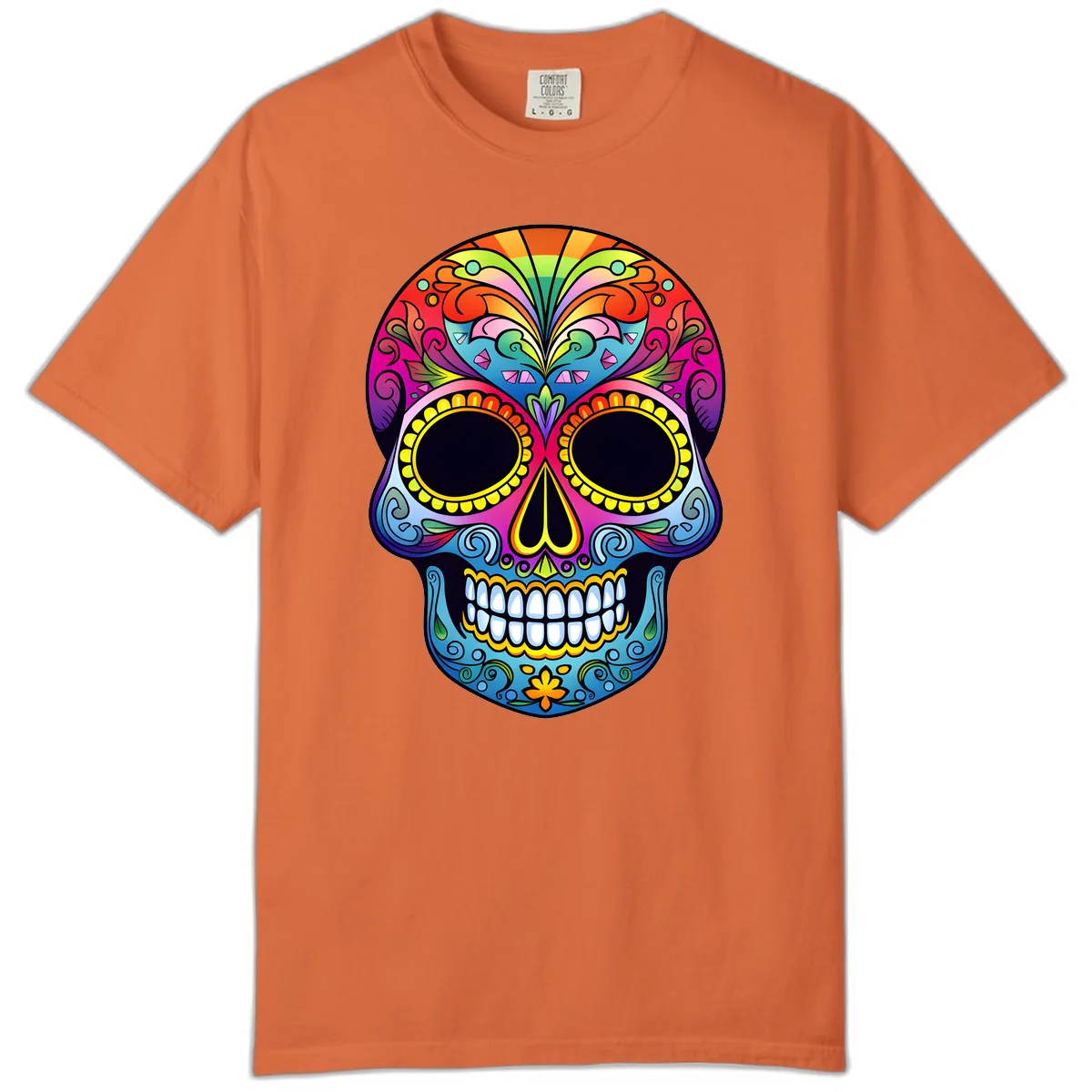Vibrant Floral Rainbow Calavera Skull Art Comfort Color in Burnt Orange