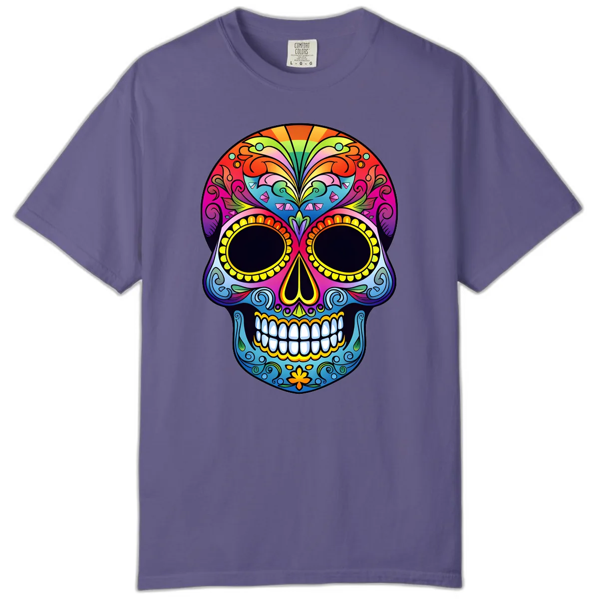 Vibrant Floral Rainbow Calavera Skull Art Comfort Color in Grape
