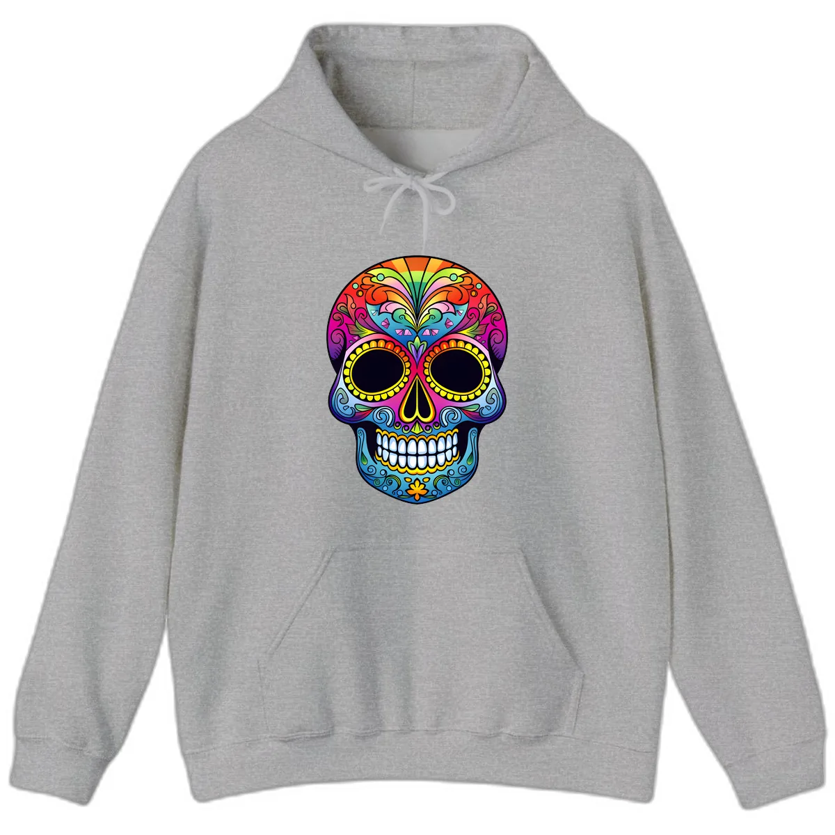 Vibrant Floral Rainbow Calavera Skull Art Hoodie in Sport Grey