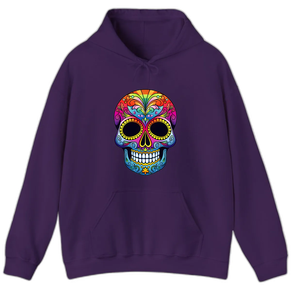 Vibrant Floral Rainbow Calavera Skull Art Hoodie in Purple