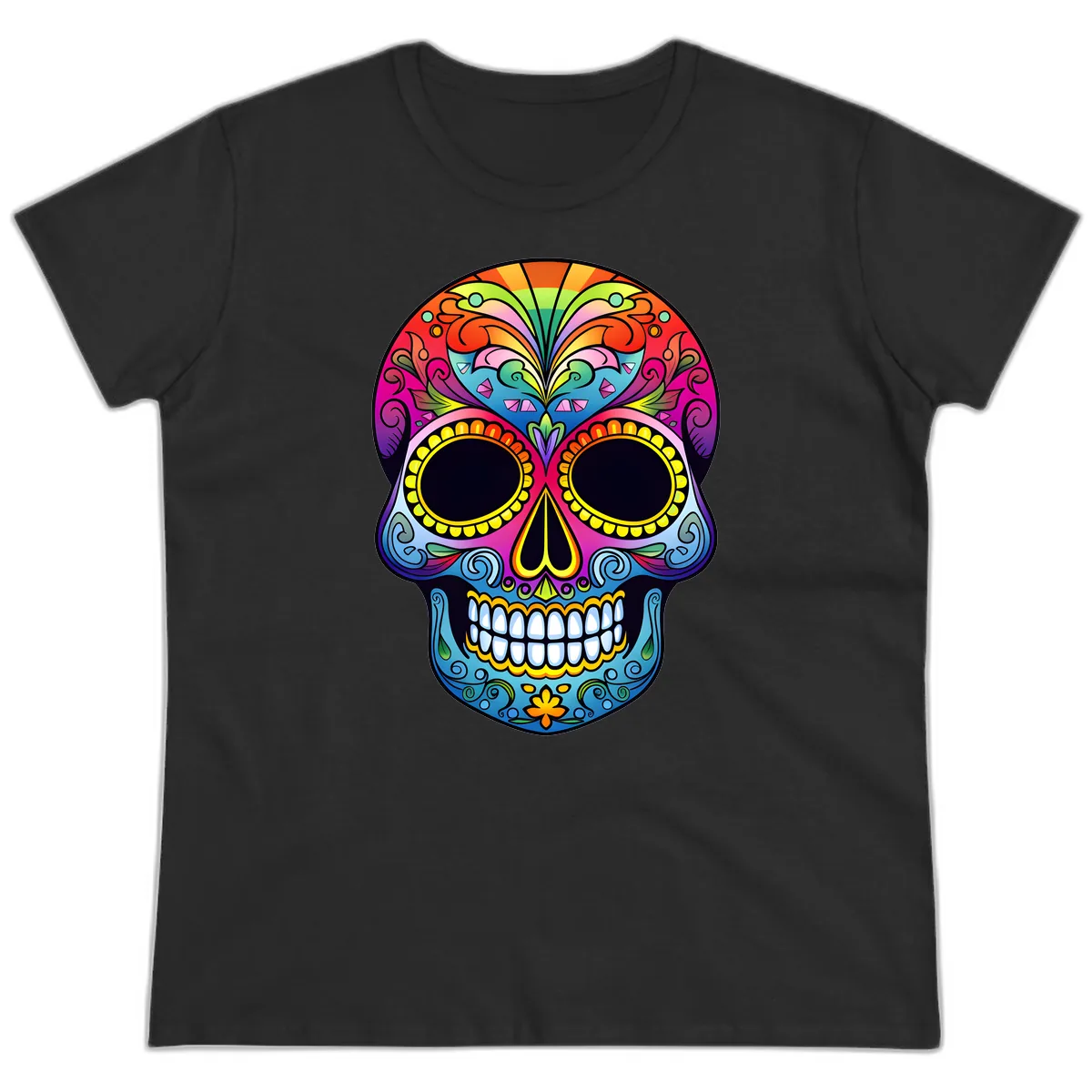 Vibrant Floral Rainbow Calavera Skull Art Ladies Tee in Black