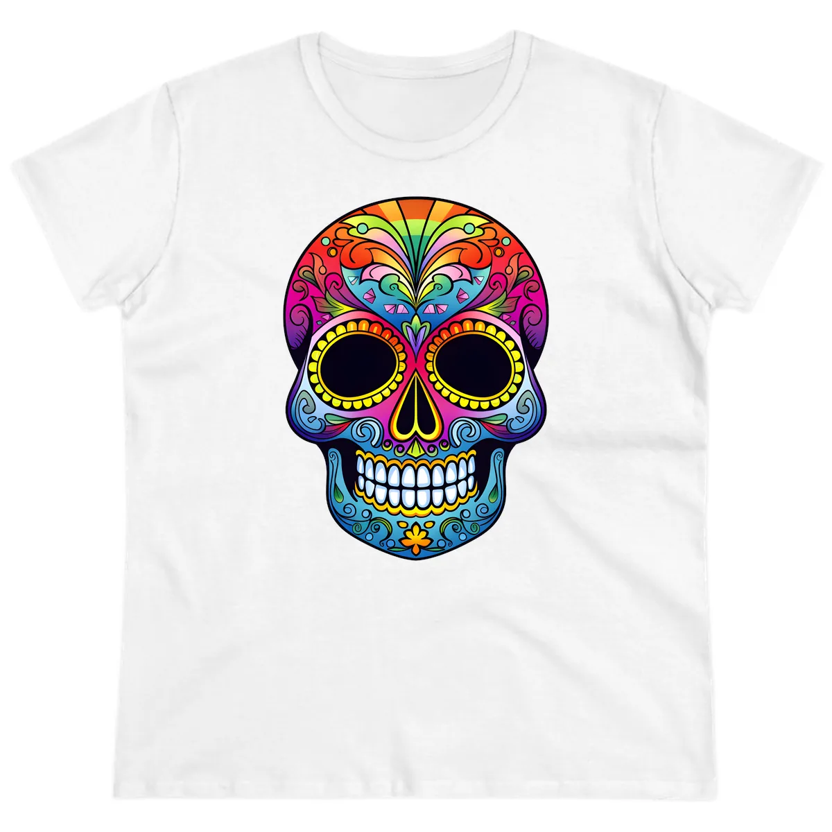 Vibrant Floral Rainbow Calavera Skull Art Ladies Tee in White
