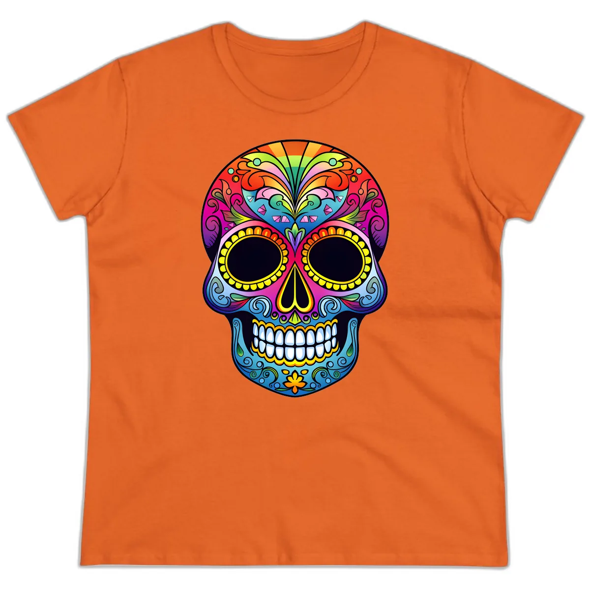 Vibrant Floral Rainbow Calavera Skull Art Ladies Tee in Orange
