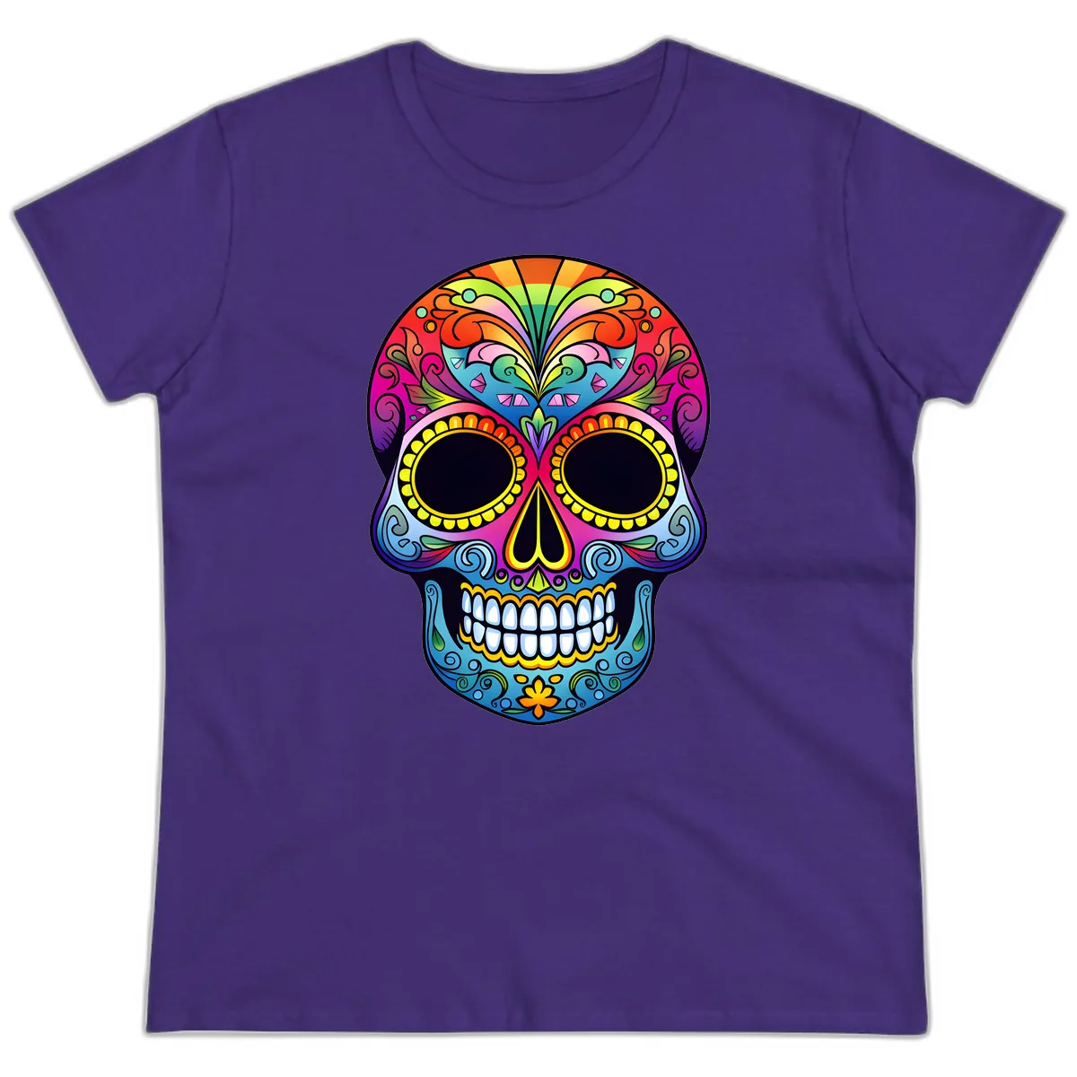 Vibrant Floral Rainbow Calavera Skull Art Ladies Tee in Purple