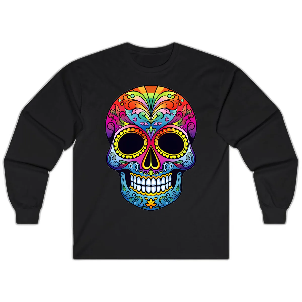 Vibrant Floral Rainbow Calavera Skull Art Long Sleeve in Black