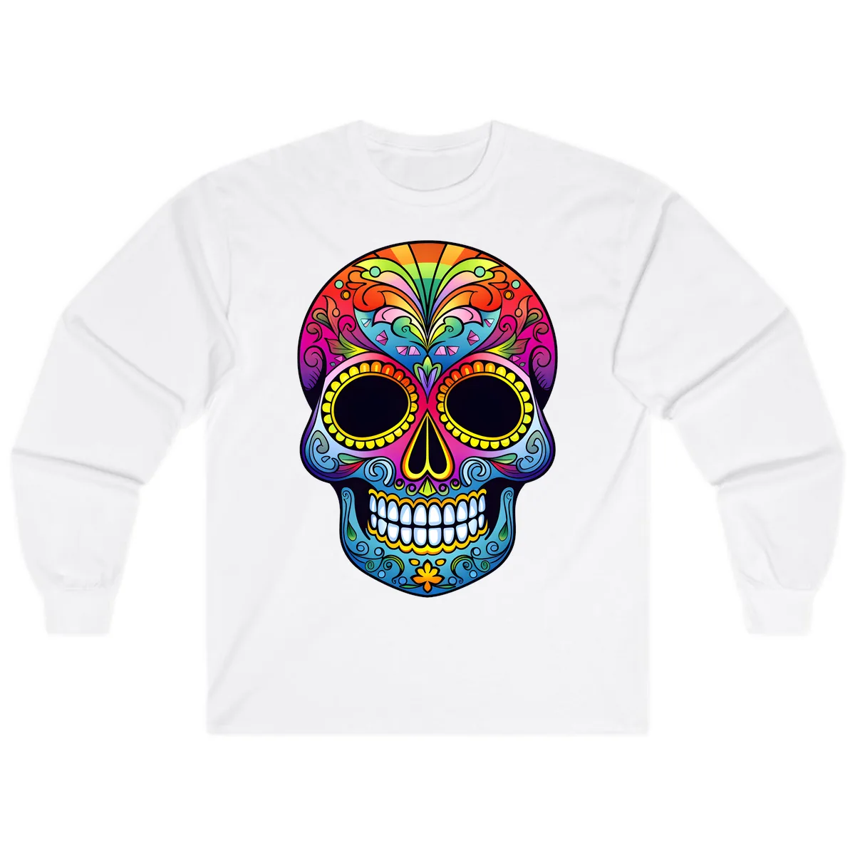 Vibrant Floral Rainbow Calavera Skull Art Long Sleeve in White