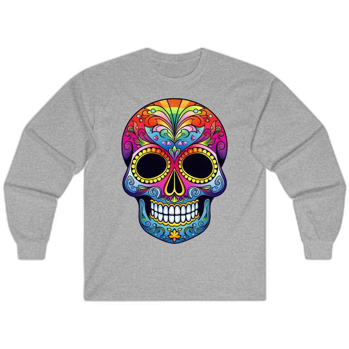 Vibrant Floral Rainbow Calavera Skull Art Long Sleeve in Sport Grey