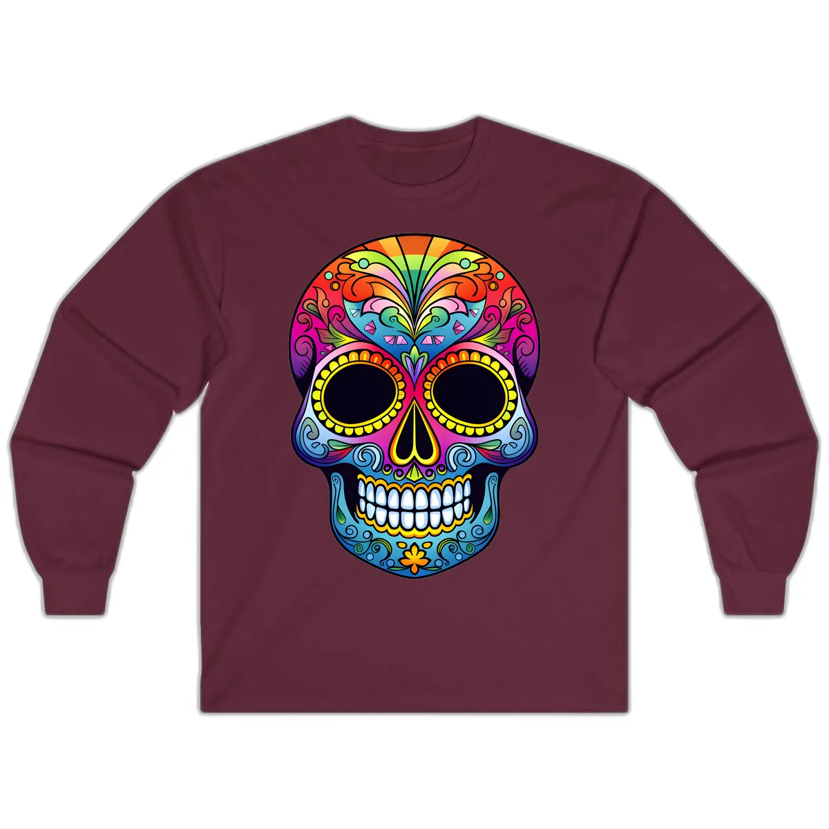 Vibrant Floral Rainbow Calavera Skull Art Long Sleeve in Maroon