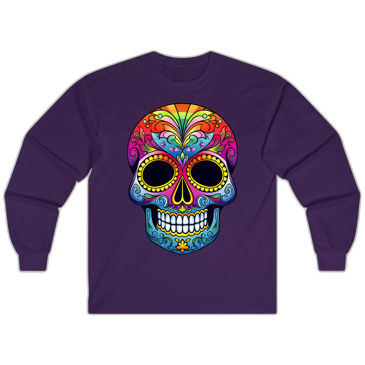 Vibrant Floral Rainbow Calavera Skull Art Long Sleeve in Purple