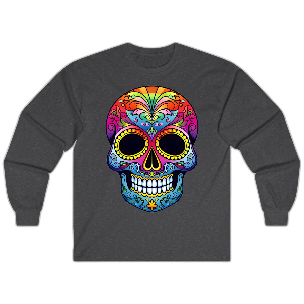 Vibrant Floral Rainbow Calavera Skull Art Long Sleeve in Dark Heather