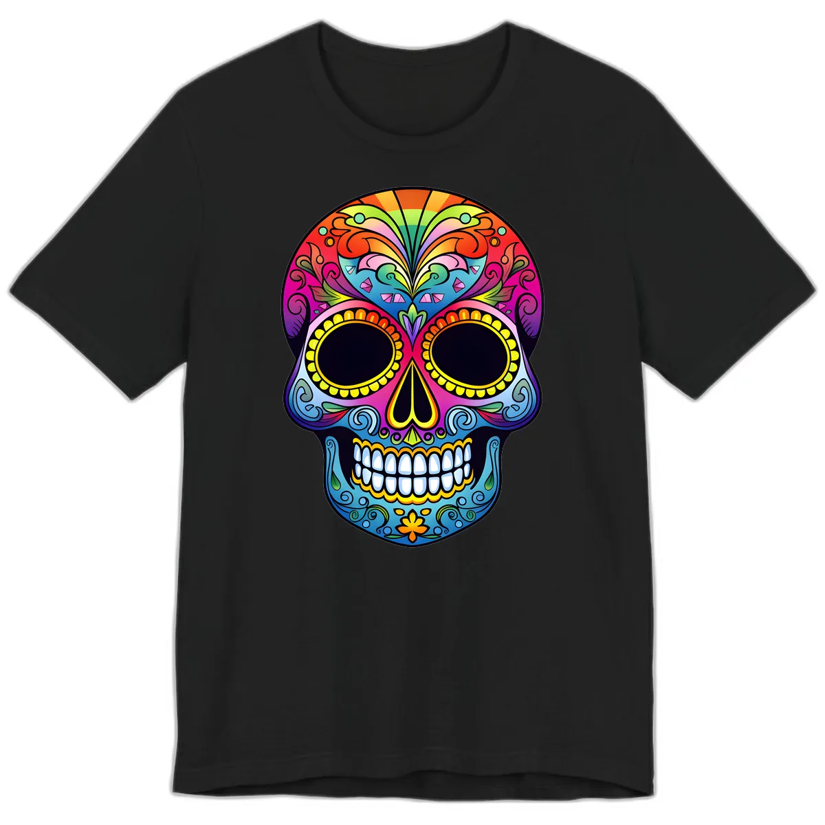 Vibrant Floral Rainbow Calavera Skull Art Premium T-Shirt in Black