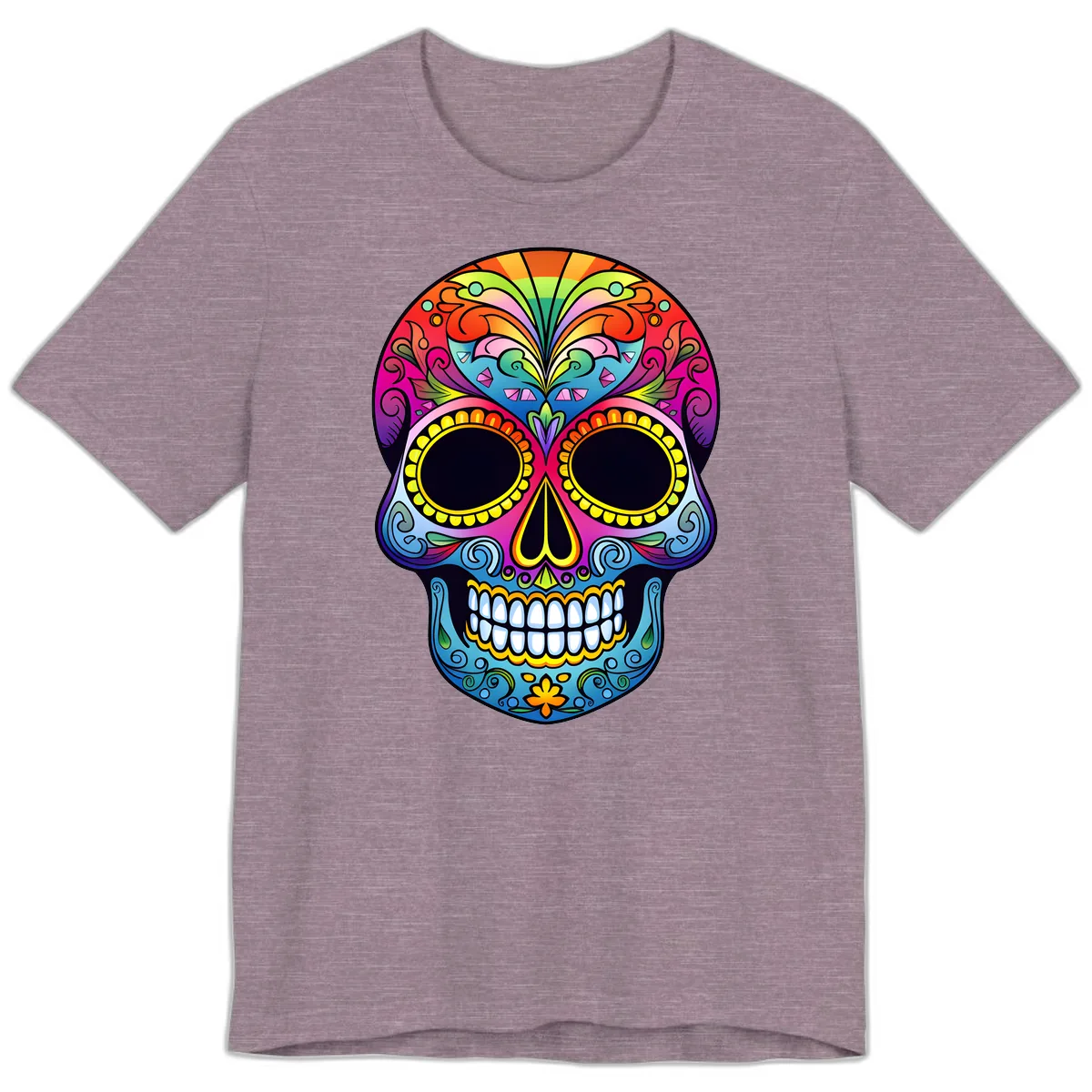 Vibrant Floral Rainbow Calavera Skull Art Premium T-Shirt in Heather Purple