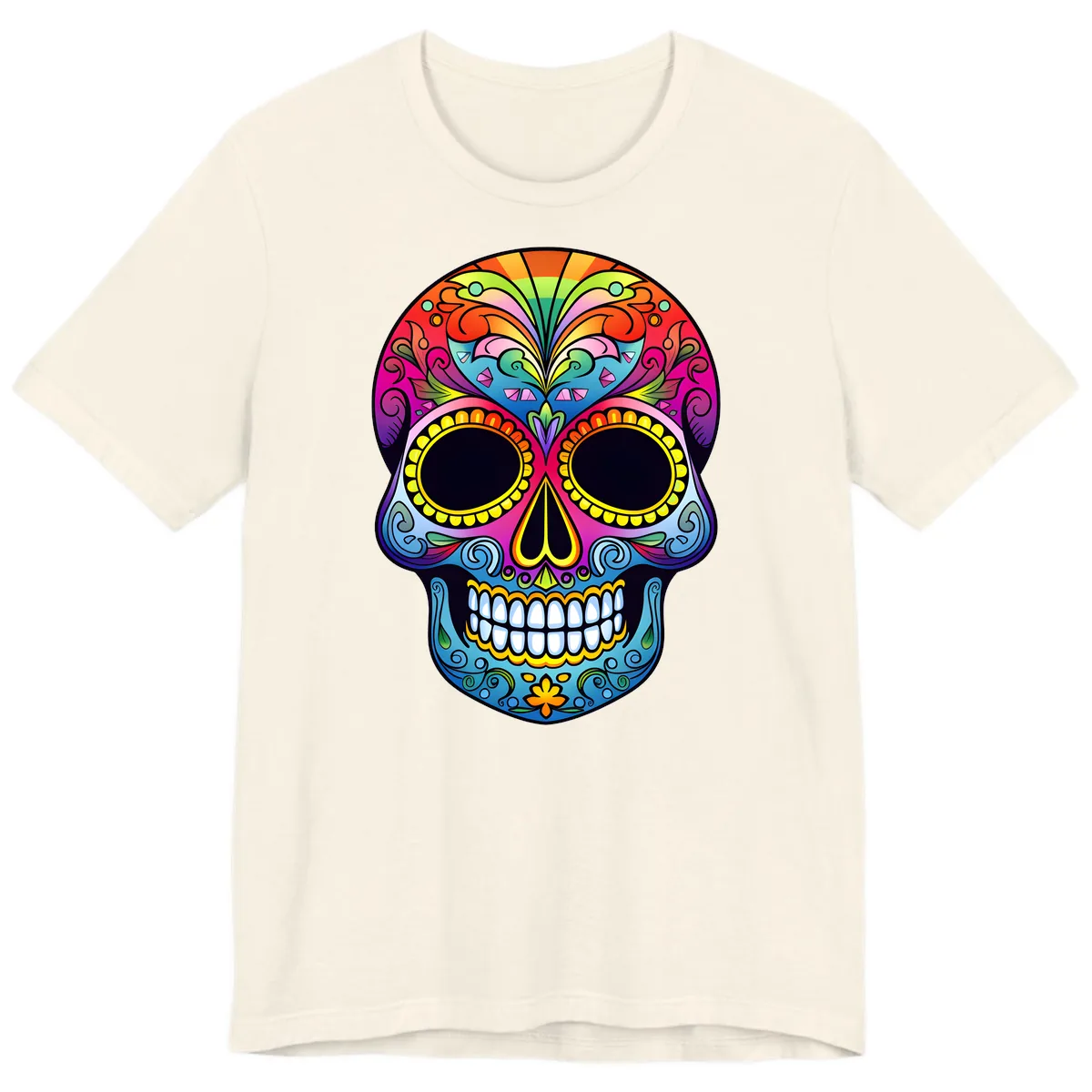 Vibrant Floral Rainbow Calavera Skull Art Premium T-Shirt in Natural