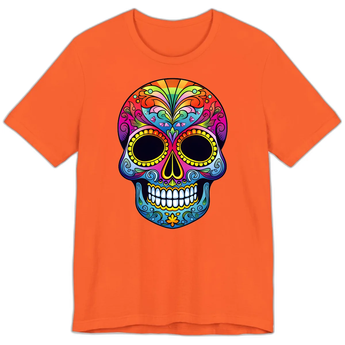 Vibrant Floral Rainbow Calavera Skull Art Premium T-Shirt in Orange