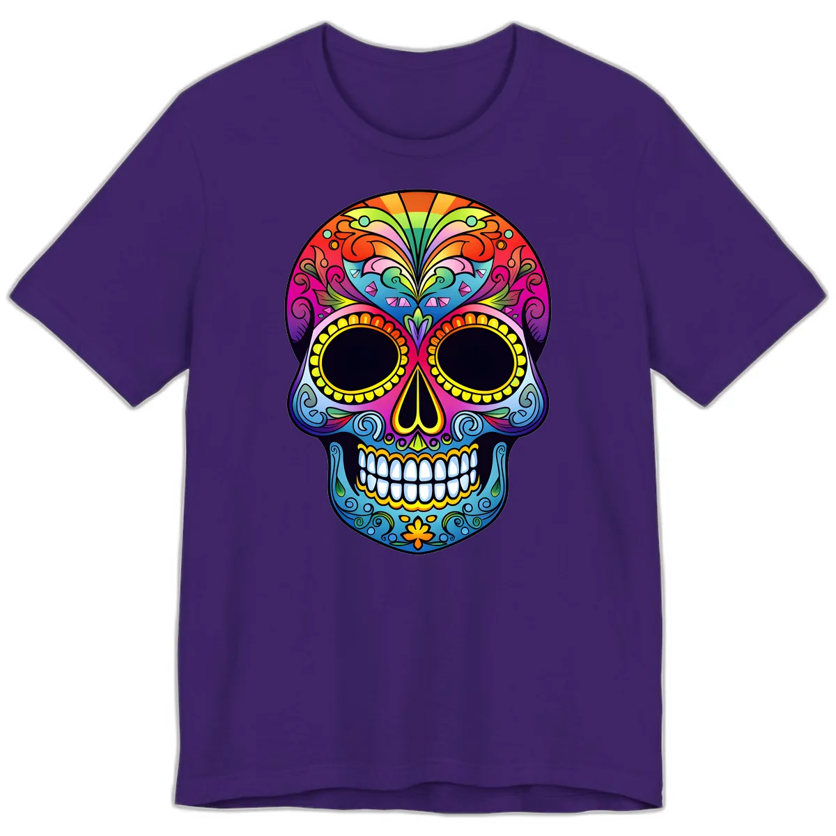 Vibrant Floral Rainbow Calavera Skull Art Premium T-Shirt in Team Purple